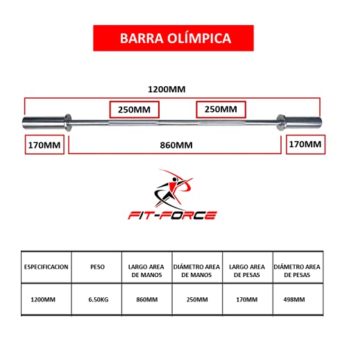 Barra Olímpica 1200mm Marca Fit-Force de Alta Gama para Discos de 50mm