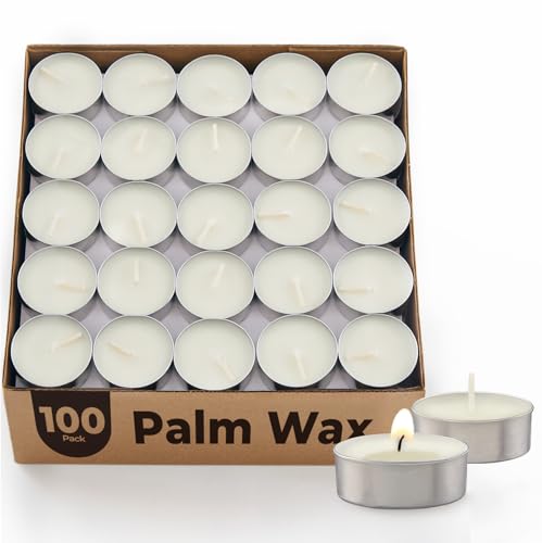 Ashlux Palm Wax Tea Lights, 100 Pack, Unscented White Tealights, 4 to 5 Hour Long Burning, Paraffin Free & Smokeless for Wedding, Christmas & Home Decor