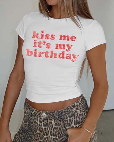 Birthday Shirts for Women Kiss Me Its My Birthday Shirt Crop Top Glitter Graphic Birthday Squad Shirts Birthday Party Tops2