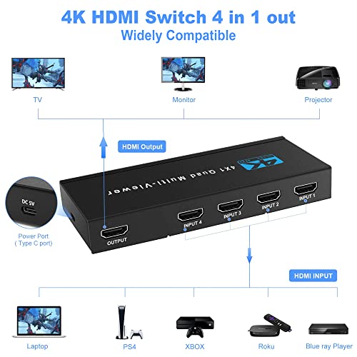 Image of NEWCARE HDMI Multi-Viewer 4X1, 4 in 1 Out HDMI Switcher with Remote, HDMI Multi-Switcher Support 4K 30Hz, 5 View Modes, Compatible with Security Camera, Fire Stick, Roku, Gaming Consoles