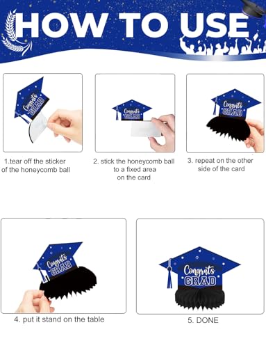 Image of 9Pcs Graduation Table Decorations - Blue and Black Graduation Centerpieces for Tables Congrats Grad Honeycomb Centerpieces Congratulate Table Toppers Grad Party Decorations, Class of 2026 Decor