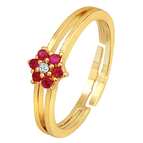 Image of Mahi Gold Plated Floral Adjustable Finger Ring with Ruby and Crystal for Women (FR1103150GRed)