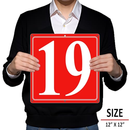 Image of Premium Aluminum Number Signs 19, Metal 12 inch X 12 inch Red Numbered Signs Outdoor for Parking Lots, Floor, Dock, Court, Aisle, Field, High Visibility, No Fade, Weather-resistant