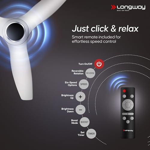 Image of LONGWAY Glideon 1200mm BLDC Ceiling Fan with Remote Control | Premium Look with Ultra Silent Performance | ABS Blade & Body | BEE 5 Star Rated | Anti-Dust Ceiling Fan | 5 Years Warranty (White)