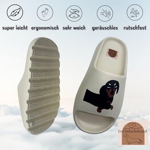 frechdachshund Dackel Badelatschen - Bequeme Hunde Hausschuhe für Zuhause, Dackel Schlappen in fünf versch. Größen (Beige, EU Schuhgrößensystem, Erwachsene, Damen, Numerisch (von/bis), M, 42, 43)