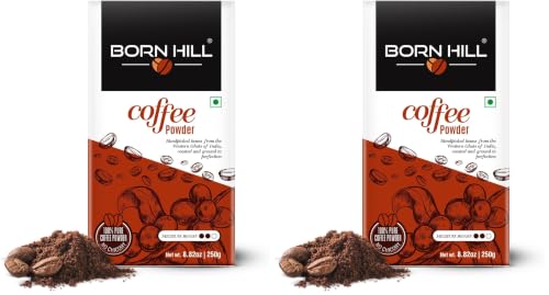 Image of BORN HILL Coffee Powder 250G | Aromatic & Strong Filter Coffee Blend | Perfect For Moka Pots And Coffee Machines | Freshly Roasted & Ground | Medium Roast | 0% Chicory, Packet (Pack of 2)