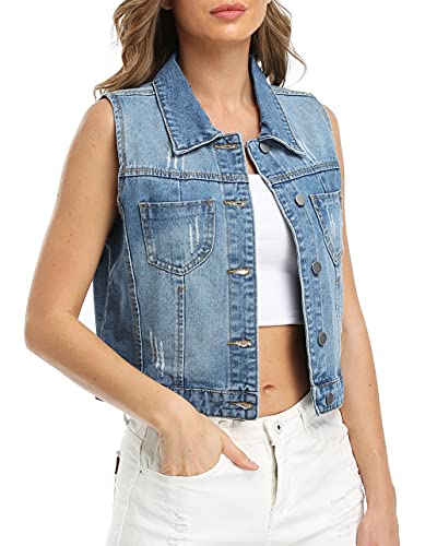 Womens Denim Jean Vest Classic Cropped Distressed Spread Collar Sleeveless Jean Jacket4