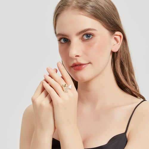Gold Adjustable Ring, CZ Sterling Silver Butterfly Rings for Women or 18k Gold Plated Stackable Rings - Cool Cute Rings, includes: Butterfly | Pink Floral | Spiral Leaf Rings Gift for Wife, Mother, Daughter, Women3