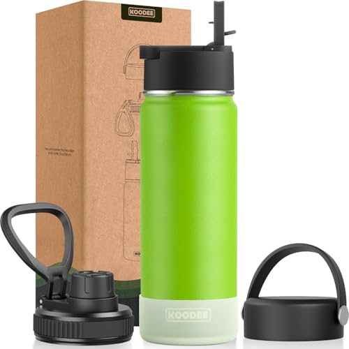 Image of koodee 22 oz Water Bottle Stainless Steel Double Wall Vacuum Insulated Sports Water Bottle with 3 Lids, Reusable Metal Water Flask with Straw for women and Girls, BPA Free(Apple Green)