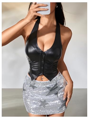 MakeMeChic Women's Leather Tops Halter Asymmetrical Sleeveless Button Down Y2K Crop Corset Tops Cowboy Chic4