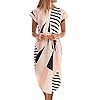 TEMOFON Women's Dresses Summer Floral Geometric Pattern Short Sleeve Midi V-Neck Casual Dress with Belt Apricot L