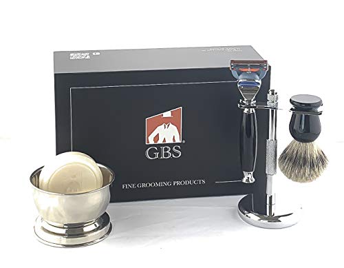 GBS Premium Shaving Set For Men - 5 Blade Chrome Tip - 5 Blade Compatible- Badger Brush, Stainless Bowl and Stand - Ultimate Wet Shaving kit Comes in Gift Box (Onyx)