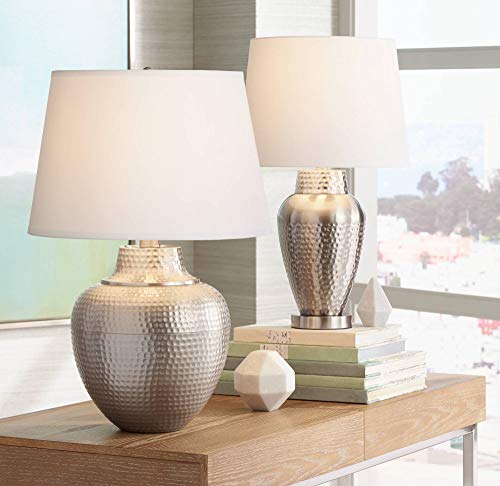 Barnes And Ivy Brighton Modern Table Lamp 27 1/4" Tall Brushed Nickel Silver Hammered Metal Pot White Fabric Drum Shade For Bedroom Living Room House Home Bedside Nightstand Office Entryway #TOP6