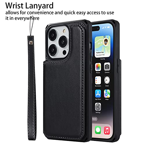 Image of Cavor for iPhone 14 Pro Case Wallet with Card Holder Case [3 Card Slots] [with Lanyard] PU Leather Flip Shockproof Cover for Women and Men - Black