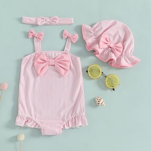 Toddler Baby Girls Striped Sleeveless One Piece Bikini Swimsuit Ruffle Bathing Suit Swimwear with Hat3