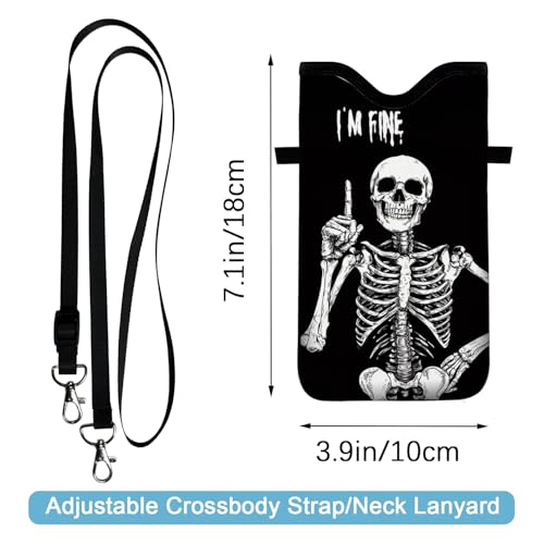 Image of Neoprene Cell Phone Sleeve Pouch Case Bag with Crossbody Strap Neck Lanyard for Women 7.1 X 3.9 in Skeleton Black
