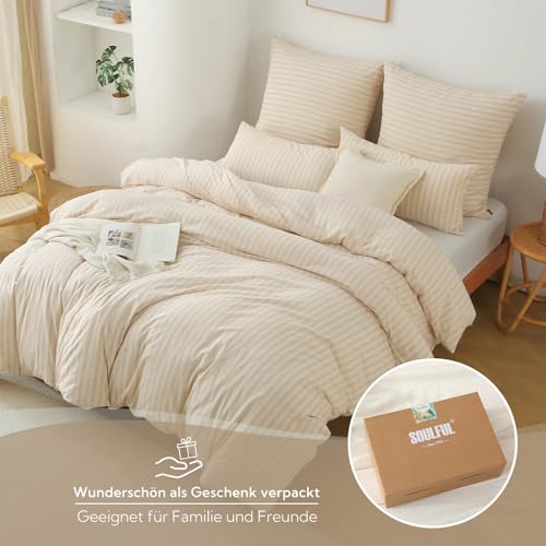 SOULFUL Bettwäsche 135x200 Baumwolle Gestreift Oeko-TEX Cremebeige & Weiß – Ansicht 6
