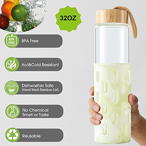 Wemburly 32Oz Borosilicate Glass Water Bottle With Silicone Sleeve And Bamboo Lid Cute Water Bottles For Women #TOP2
