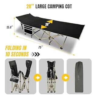 YELLOW JACKET Folding Camping Cot for Adults,600LBS Max Load,28" Wide Sleeping Cot with Removable Thick Mattress Portable Foldable Camping Bed with Carry Bag for Camp,Home,Office,Travel,Black