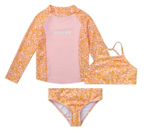 Volcom Girls' Swimsuit Set - 3 Piece UPF50+ High Neck Bikini Top, Bikini Bottom and Matching Swim Shorts for Girls (2T-16)
