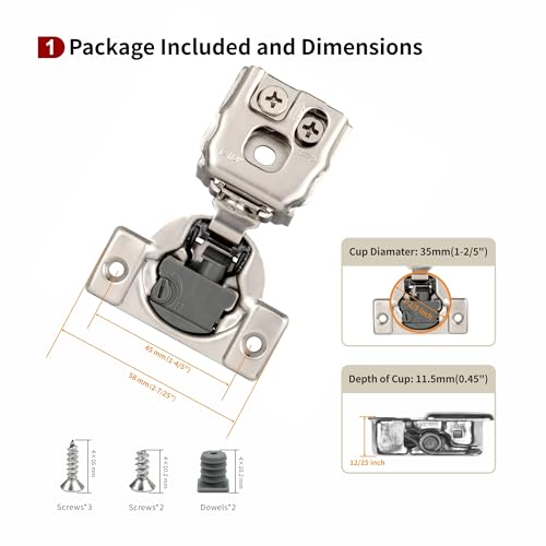Image of 2 Pcs 1 1 /4 inch Overlay Soft Close Cabinet Hinges Variable Close Speed | 3-Way Adjustment,Cold Rolled Alloy Steel,face frame cabinets,anti-rust coat,105 degree,7.6kg /pair,50k cycles,14-26mm doors