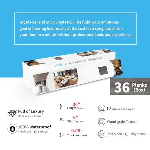 Art3d 36枚 フロアタイル 木目 置くだけ 接着剤不要 クッションフロア 防水 滑り止め 厚手 賃貸ok 床 シート フローリングマット 玄関 洗面所 DIY - 3畳 91.4 x 15 CM