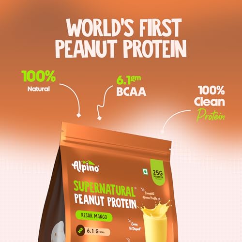 Image of Alpino Supernatural Peanut Protein Powder Kesar Mango 1kg - 25g Plant Based Protein, 6.1g BCAAs, No Added Sugar, Vegan