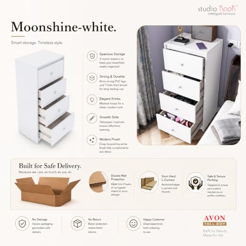 Image of Studio Kook Engineered Wood Avon Tallboy Chest of Drawers, 4 Drawers, Matte Finish (Moonshine White)