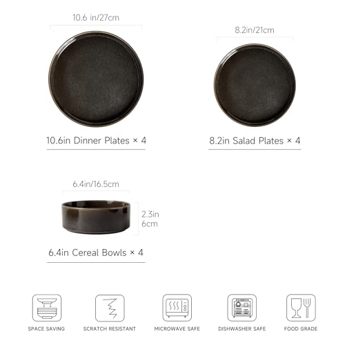 Image of Dinnerware Sets for 4, ceramics Plates and Bowls Set, 12-Piece Modern Stoneware Dinnerware - Chip Resistant, Non-Toxic, Dishwasher and Microwave Safe Tableware, Black