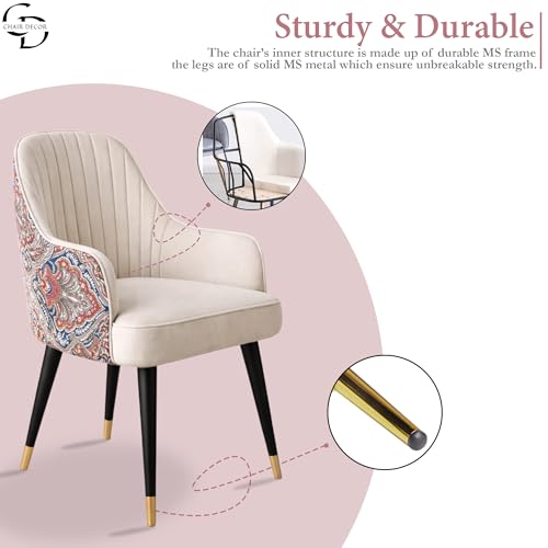 Image of Velvet Accent Chair | Modern Upholstered Dining Chair for Living Room, Office, Lounge & Vanity | Sturdy & Stylish Armchair (Floral, White)