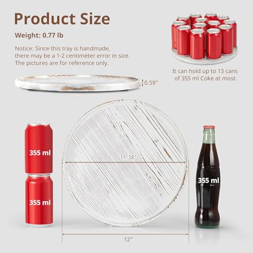 Image of WOOYNEX Round Decorative Tray Serving Trays for Food and Drinks Rustic Wooden Coffee Table Trays Home Decor Farmhouse Centerpiece One Set of Ottoman Kitchen countertops (White Wash)