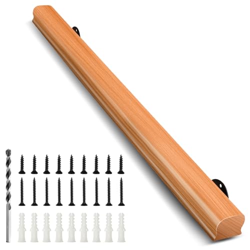 3FT Solid Wood Stair Handrail for Indoor Stairs, Outdoors Stair Railings, Sturdy Wall Mounted Non-Slip Safety Design, Elderly-Friendly & Child-Safe, with Banister Hardware and Brackets