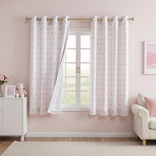 Image of MEETSKY 100% Blackout Pink Curtains for Girls Bedroom,50x63 Inch | Light Blocking Drapes,Nursery /Kids Curtains,Pom Pom Curtain,Room Darkening,Thermal Insulated Grommet Drape,Cute,2 Panels Set