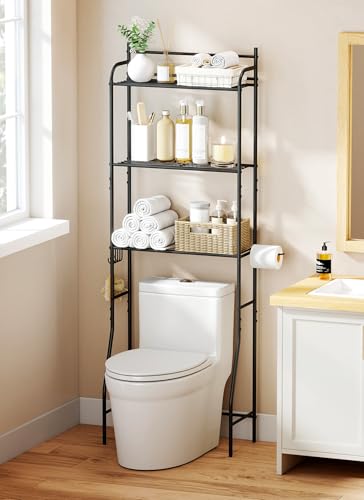 Turosur 3-Tier Over Toilet Storage Unit Bathroom Storage Shelves with 3 Hooks & Toilet Paper Freestanding Space-Saving Toilet Storage Rack for Bathrooms & Laundry Rooms(Black)
