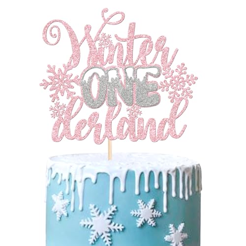 Rsstarxi 1 Pack Winter Onederland Cake Topper Glitter Winter Wonderland First Birthday Cake Picks Snowflake 1st Birthday Cake Decoration for Baby Shower Birthday Party Decorations Pink