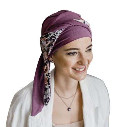 CAREBELL Turbante oncológico Modelo Smooth – diseño Malva Flores en bambú Suave y Transpirable, Especial para quimioterapia, Alopecia y Pieles sensibles