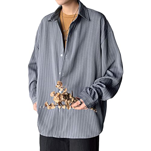 DGHM-JLMY Men's Handsome Long Sleeve Joker Striped Shirt Casual Loose Fit Button Down Classic Vertical Striped Shirt