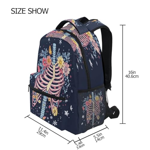 Skeleton Sugar Skull Flower Backpack for School Boys Girls Adults Kids Bookbag Laptop Bag 15L4