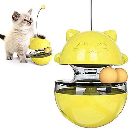 DLFE 3 in 1 Cat Tumbler Toys,Cat Interactive Toy Indoor Amused Cat Toy Pet Training Supplies,Puzzle Toy,Cat Food Balls Slow Feeder,Funny Cat Stick for Cat (Yellow)