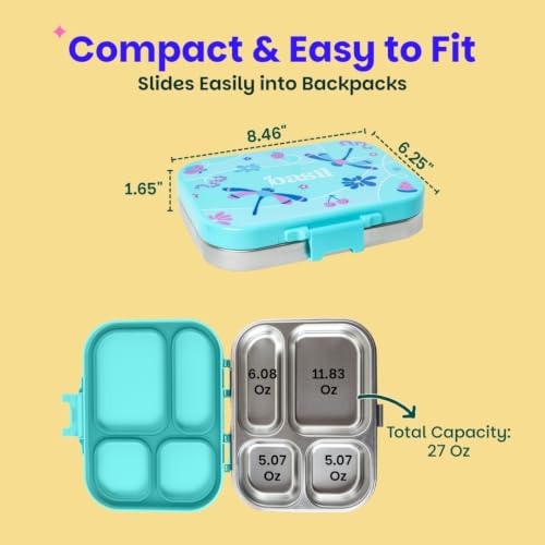 Image of Basil Bento Box Quad - 4 Compartment Stainless Steel Lunch Box with BPA-Free Plastic Lid | 800 ml Leak-Proof Tiffin Box for Kids & Adults | Premium School, Office, and Picnic Lunch Box - Teal Garden