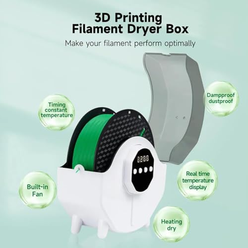Secador de filamentos con pantalla LED, temperatura y temporizador ajustables para impresión 3D y control de humedad