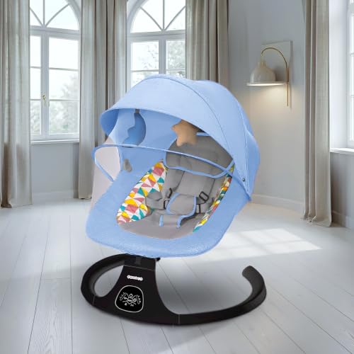 Image of Electric Baby Swing Rocker for Newborns & Infants | Automatic Baby Cradle with Bluetooth Music, Remote Control, Built-in Lullabies, Mosquito Net, Hanging Toys, Soft Cushion-Blue (0-12 Months)