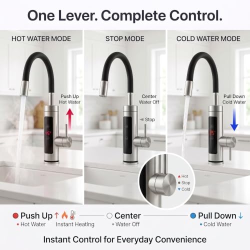 Image of Stainless Steel Thermostat Instant Water Heating Faucet with Touch Control Panel Tap with Adjustable Water Flow & Temperature Modern Sink Tap with Flexible Spout for Kitchen Basin