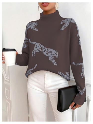 Image of WDIRARA Women's Leopard Tiger Print Sweater High Neck Long Sleeve Fuzzy Knitted Pullover Top
