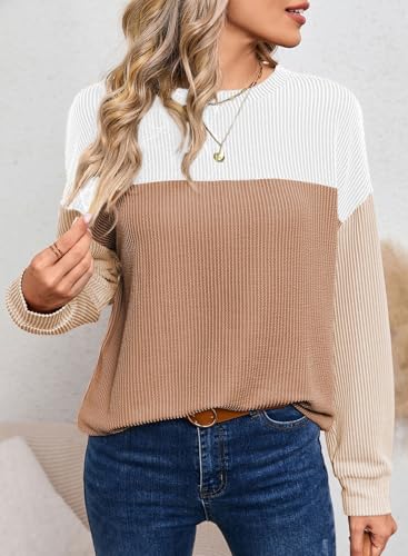 Image of Dokotoo Womens Tops Fashion 2026 Color Block Long Sleeve Shirts for Women Crewneck Knitted Casual Loose Blouses