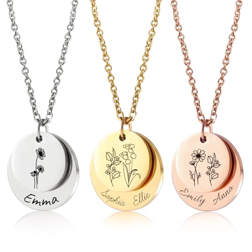 Personalized Name Necklace with Birth Flower – Custom Engraved Jewelry for Women, Mom, Grandma | Christmas, Birthday, Mother’s Day Gift