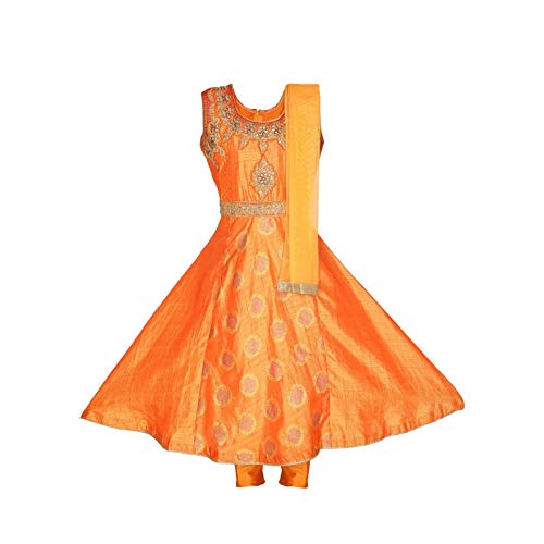 Ashwini Girls Indian Ethnic Salwar Suit with Neck Embroidery Work | Readymade Indian Kids Ethnic Salwar Suit (9-10 Years) Orange
