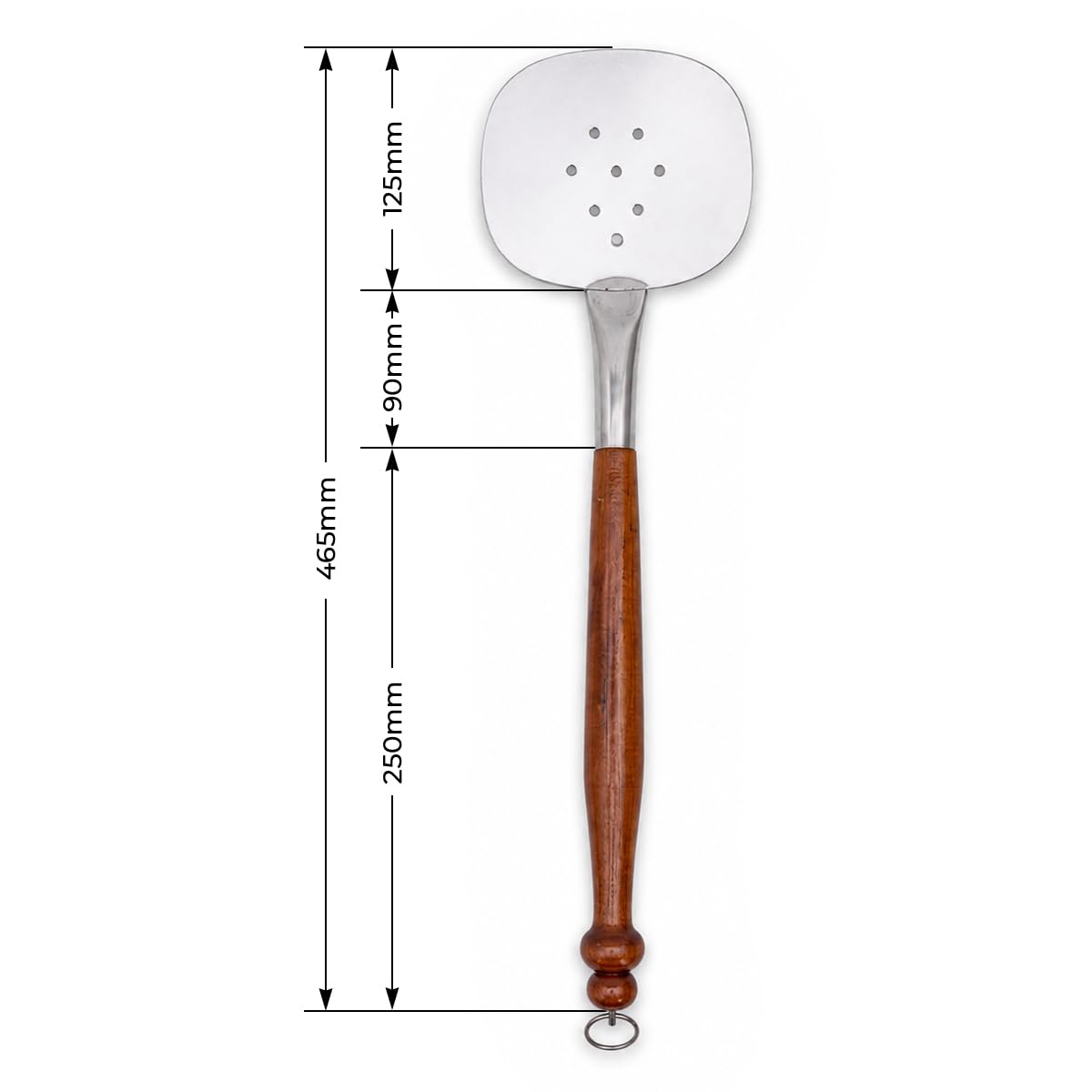 Espumadera para Cocina al Aire Libre - Hecha a Mano en Acero Inoxidable con Mango de Madera, para Platos de Kazan y Wok, 46,5 cm con Anilla Colgante