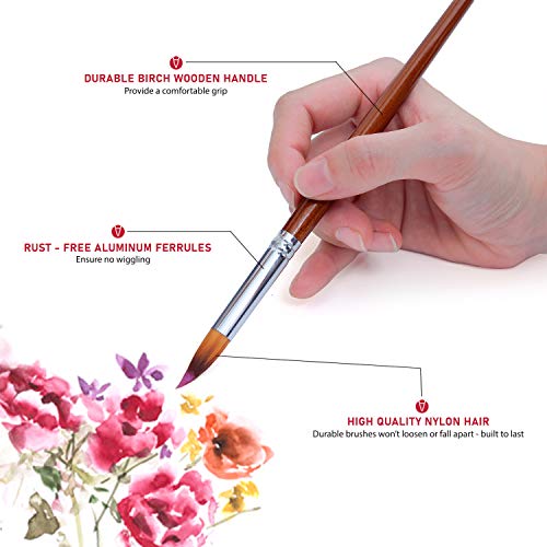Artist Watercolor Paint Brushes Set 13Pcs - Round Pointed Tip Soft Anti-Shedding Nylon Hair Wood Long Handle - Detail Paint Brush For Watercolor, Acrylics, Ink, Gouache, Oil, Tempera, Paint By Numbers #TOP3