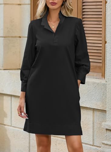 Ladyful Shirt Dress for Women Casual Ruffle Mock Neck Puff Long Sleeve Shift Dress Elegant Loose Mini Dresses with Pockets2